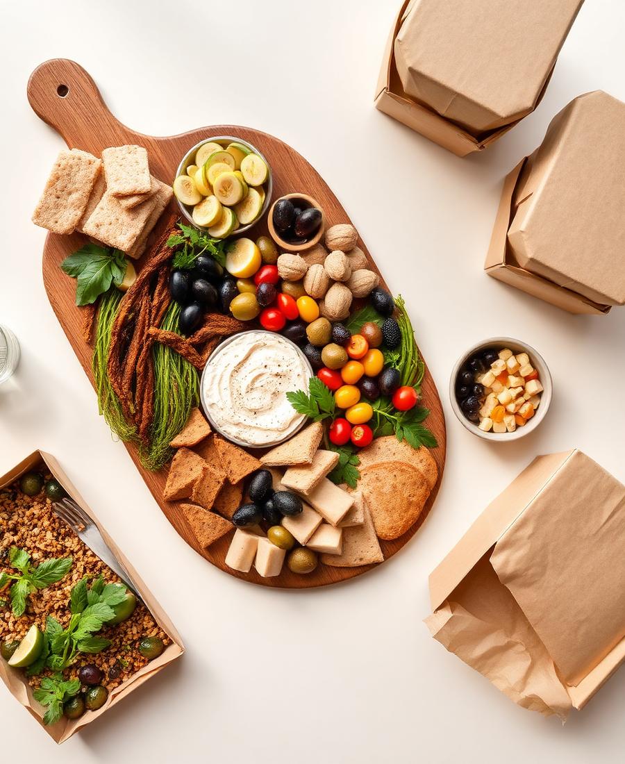 A catering spread of mezze, hummus, grilled vegetables and boxed grain salads on a cream tabletop